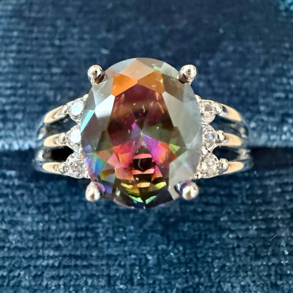Mystic Topaz Oval Cut Ring With Clear 
Stones Set In Sterling Silver Size 8.5 - Picture 2 of 10